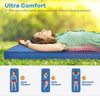 Self-inflating camping sleeping mattress in blue, featuring 4” thick foam for comfort, ideal for outdoor activities.