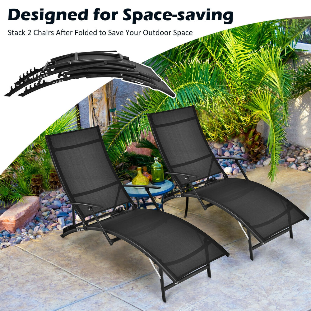 Black patio folding lounge chairs with armrests, featuring a 5-position adjustable backrest for outdoor relaxation.
