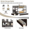 Twin over twin bunk bed in dark brown with storage shelf, rolling drawer, and guardrail for safety and organization.