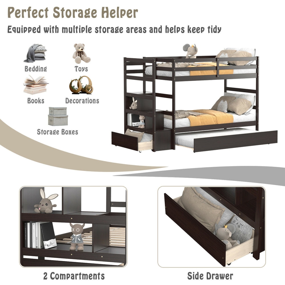 Twin over twin bunk bed in dark brown with storage shelf, rolling drawer, and guardrail for safety and organization.