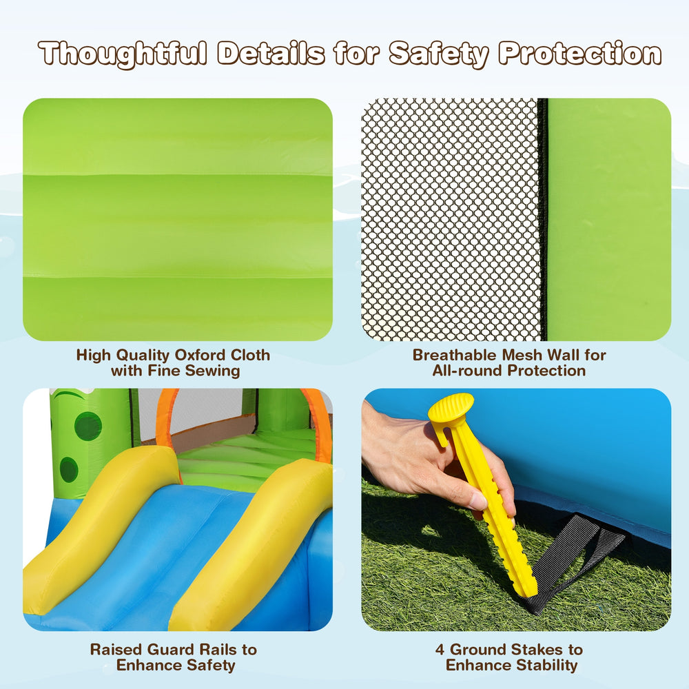 High-quality oxford cloth inflatable bounce house with mesh walls, raised guard rails, and ground stakes for safety.