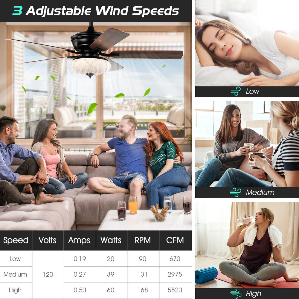 52-inch black ceiling fan with 3 wind speeds and 5 reversible blades, perfect for retro home decor and versatile use.