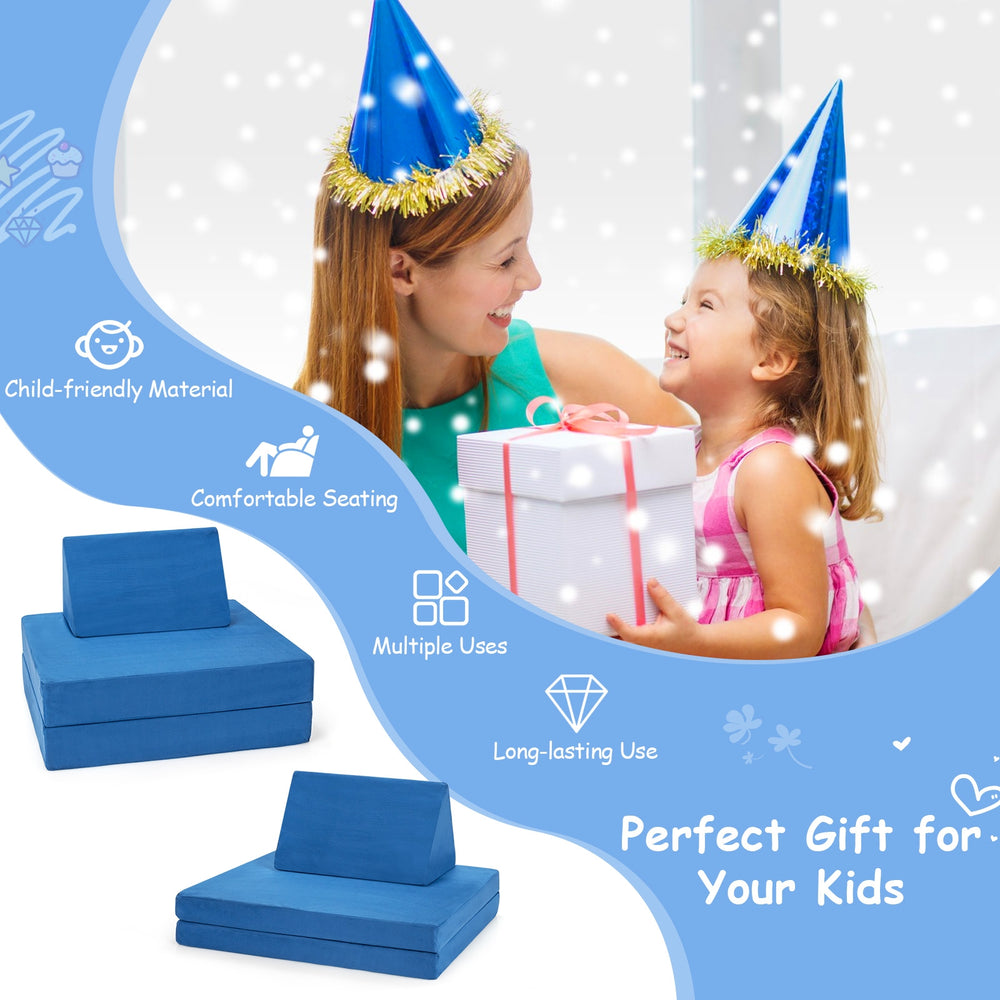 Convertible kids couch set in blue with 2 folding mats and pillows, perfect for playrooms and imaginative fun.
