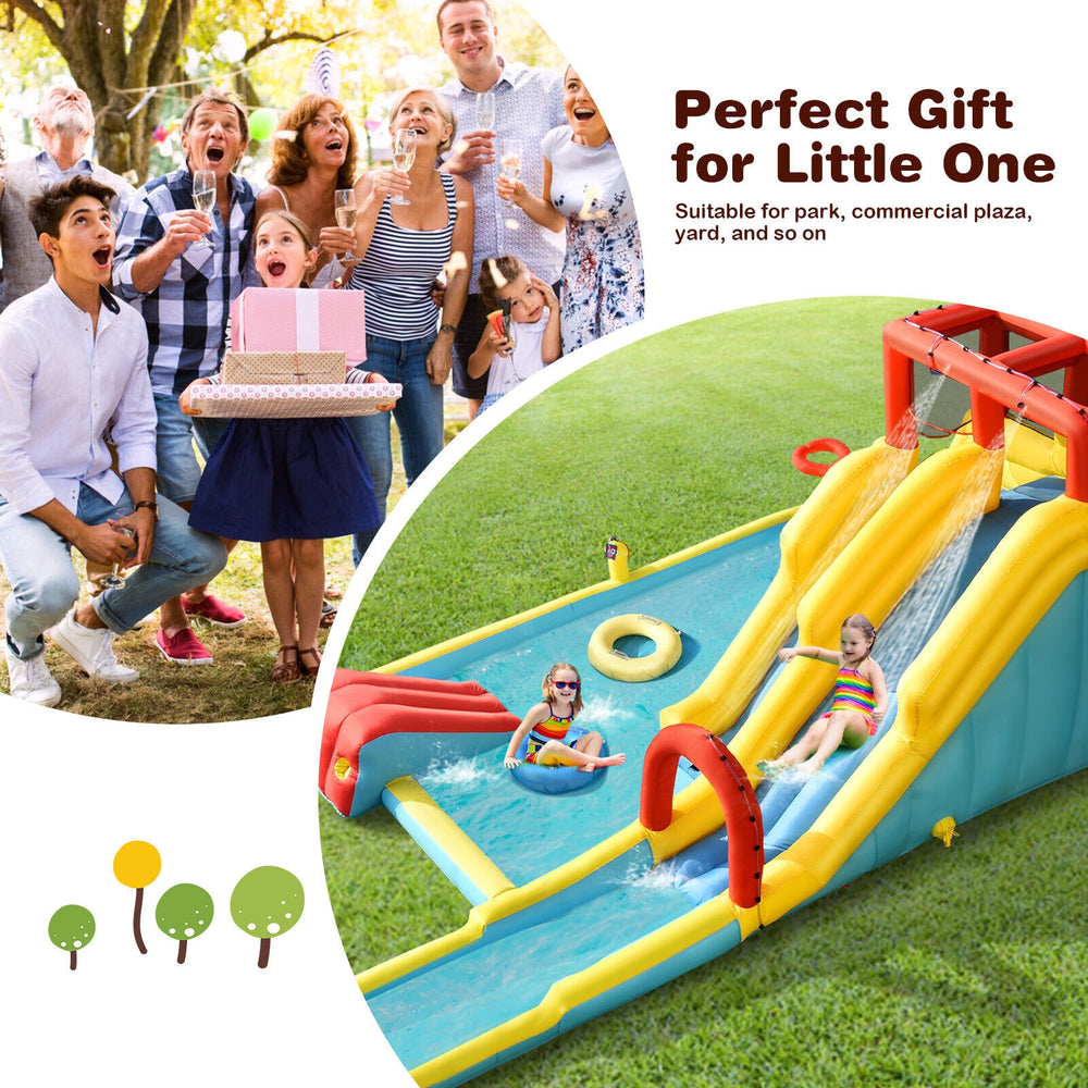 Inflatable Dual Slide Water Park with climbing wall, slides, and pool, perfect for outdoor fun and safety for kids.
