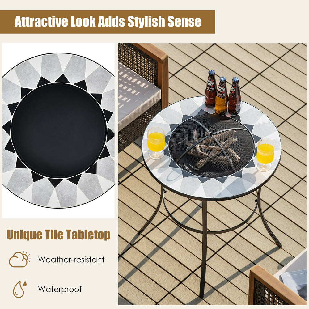 Round fire pit table with unique tile tabletop, weather-resistant design, perfect for outdoor gatherings and barbecues.
