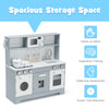 Wooden pretend play kitchen set with realistic light and sound, featuring ample storage and durable, kid-friendly.