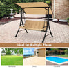 3-seat outdoor porch swing with adjustable beige canopy and padded cushions, perfect for backyard or poolside.