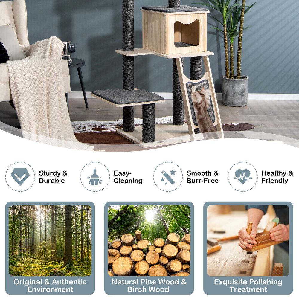 5-tier gray wood cat tower featuring a large condo, jumping platforms, and washable cushions for feline comfort and.