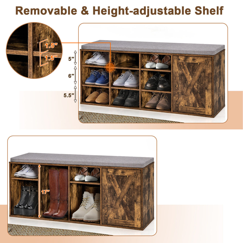 9-cube adjustable storage shoe bench in rustic brown with padded cushion, featuring a door cabinet and removable shelf.