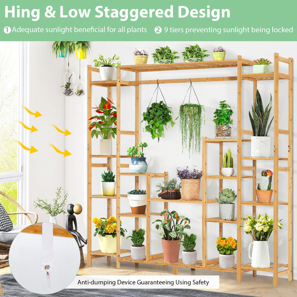 9-tier bamboo plant stand with hanging rack, featuring a staggered design for optimal sunlight exposure and drainage.
