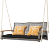 Spacious 2-person patio wicker hanging swing chair in black with acacia wood armrests and soft cushion for outdoor.