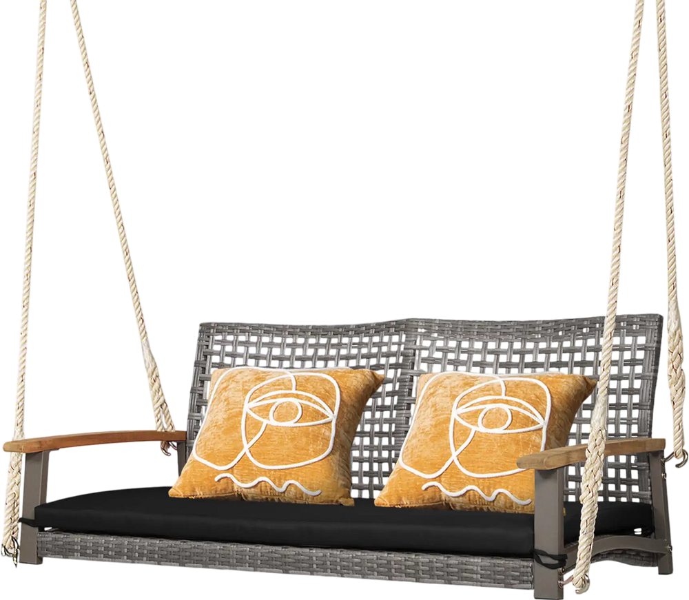 Spacious 2-person patio wicker hanging swing chair in black with acacia wood armrests and soft cushion for outdoor.