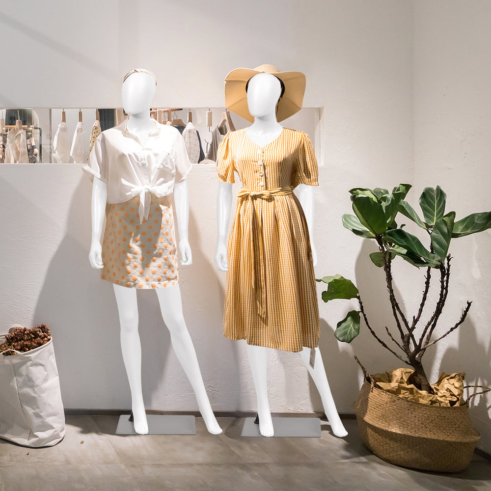 Full body female mannequin with detachable limbs, durable plastic body, and metal stand for versatile display options.