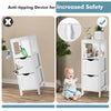 Freestanding white storage cabinet with 2 removable drawers and anti-tipping device for enhanced safety and stability.