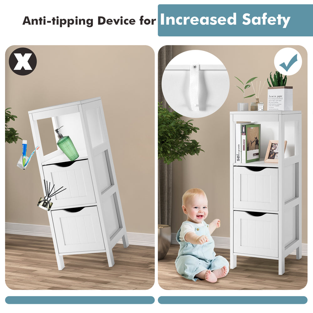 Freestanding white storage cabinet with 2 removable drawers and anti-tipping device for enhanced safety and stability.