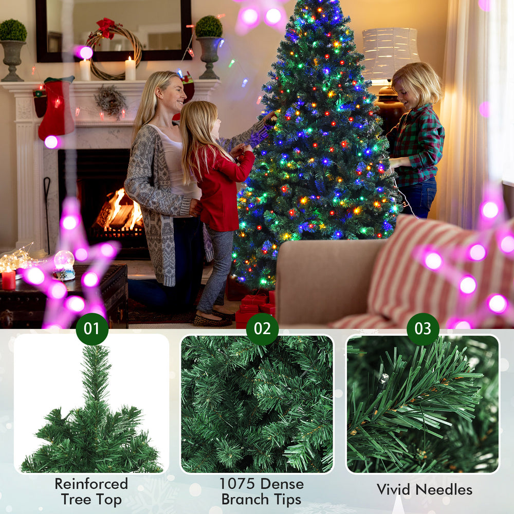 7.5 feet pre-lit artificial spruce Christmas tree with 550 multicolor lights, featuring 1075 branch tips for a full.