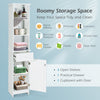 Tall white bathroom storage cabinet with open shelves and drawer, featuring adjustable shelves for versatile.