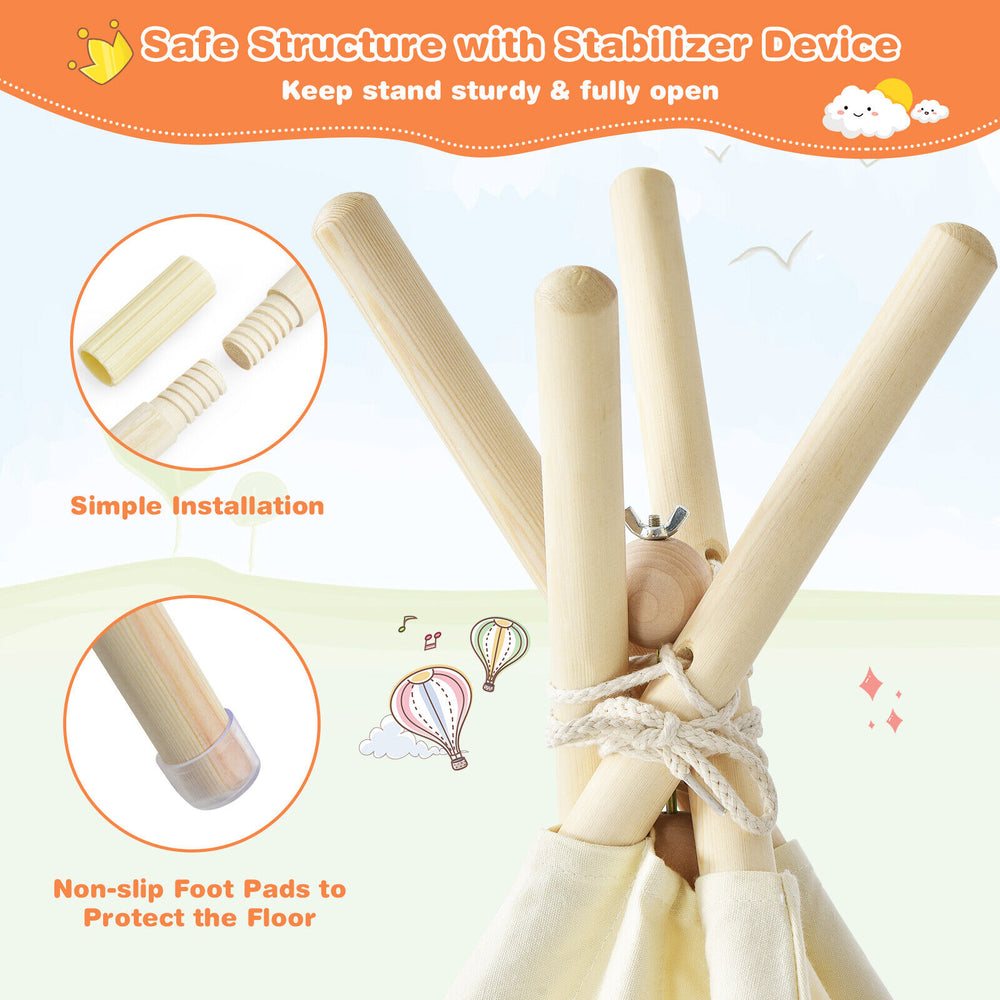 Foldable kids canvas teepee play tent with sturdy pine wood poles, non-slip foot pads, and a unique stabilizer for.