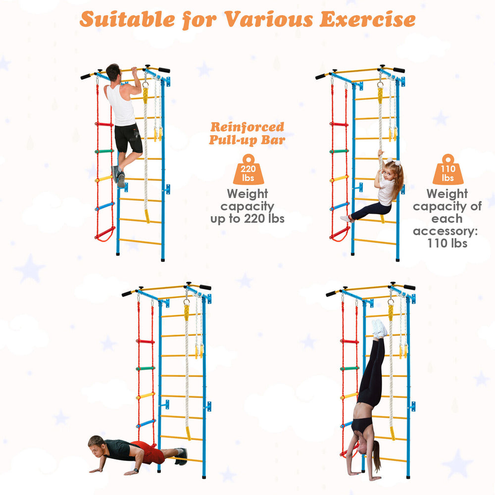 Kids indoor gym playground featuring a yellow wall ladder, pull-up bar, and gymnastic rings for fun and fitness.