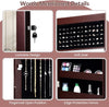 Lockable wall-mounted jewelry cabinet in brown with LED lights, featuring a full-size mirror and organized storage for.