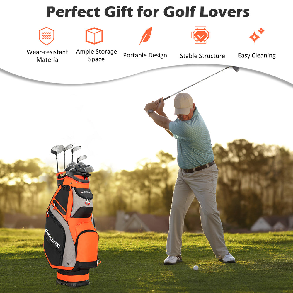 10.5-inch orange golf stand bag with 14 dividers and 7 zippered pockets, ideal for organized storage on the course.