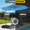10-foot blue patio solar-powered cantilever umbrella with 32 LED lights, ideal for outdoor relaxation and shading.