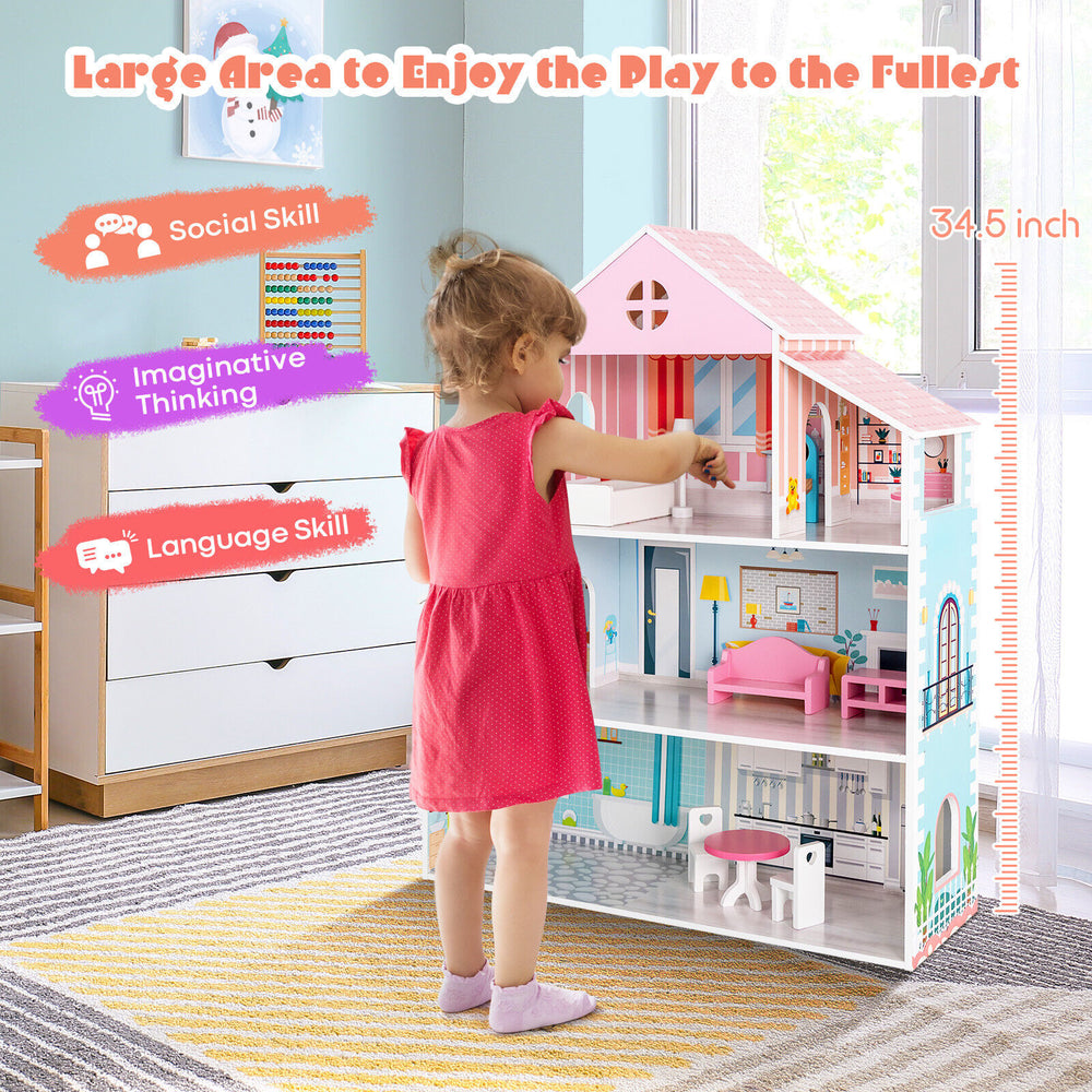 3-tier toddler dollhouse showcasing a child playing with furniture, enhancing social skills and imaginative thinking.