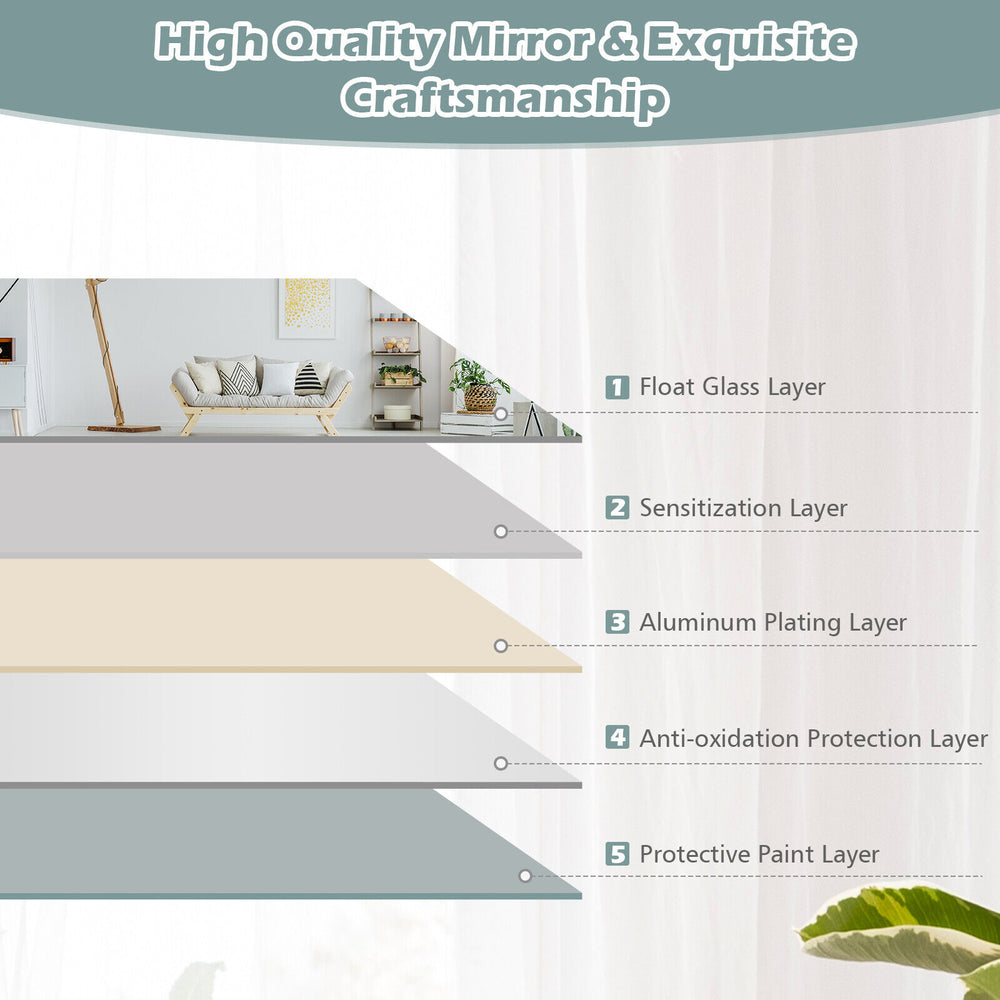 Frameless full-length mirror with aluminum plating, 43 x 15 inches, ideal for bedroom or living room, mounts vertically.