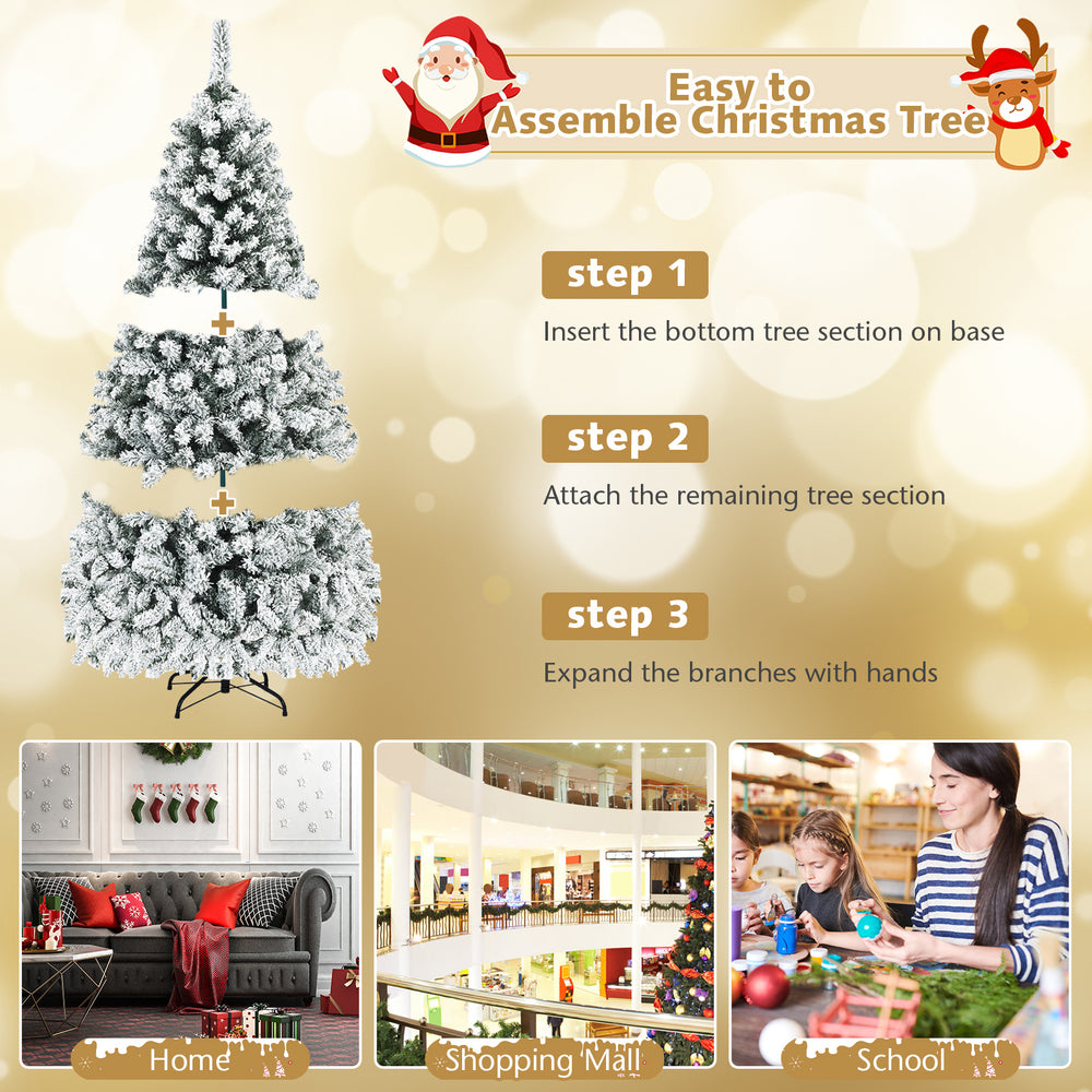 6 ft pre-lit snow flocked artificial Christmas tree with hinged design, ideal for festive home and office decoration.