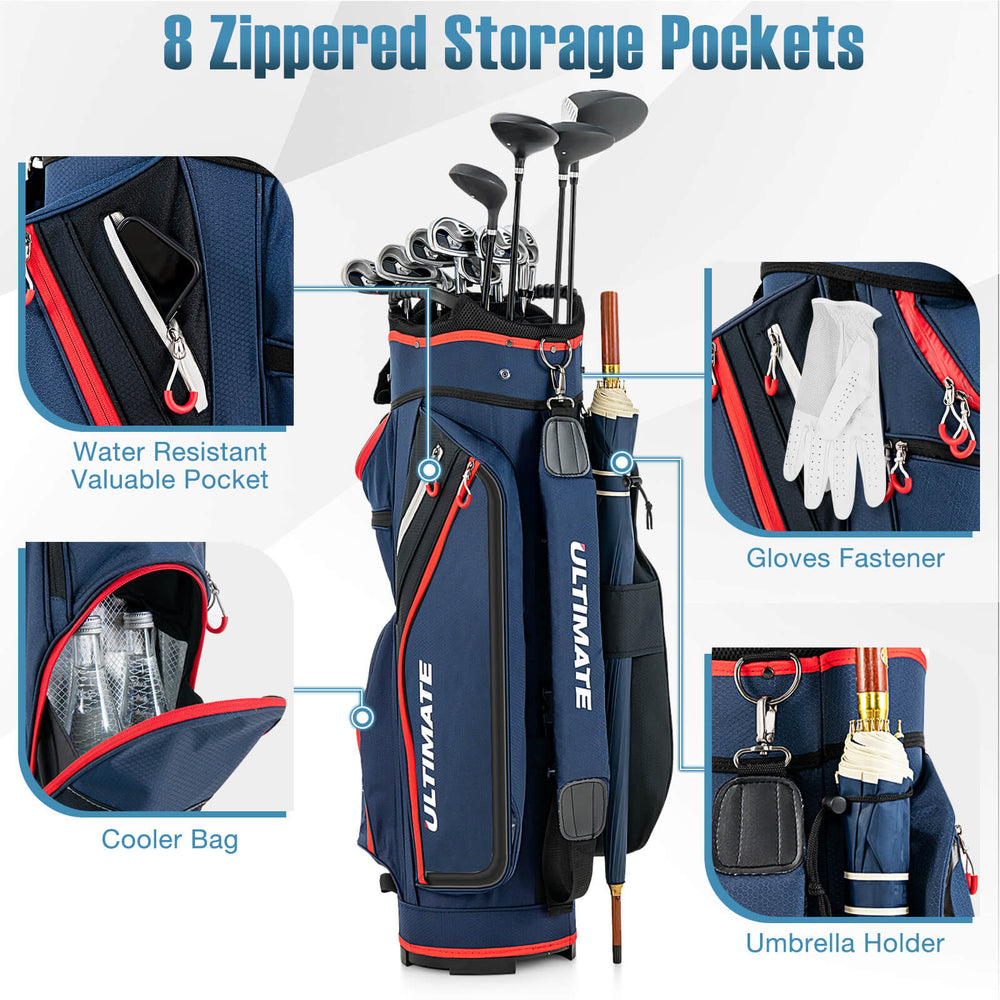 Golf cart bag featuring 8 zippered pockets, 14-way dividers, and insulated cooler pocket for organized storage on the.