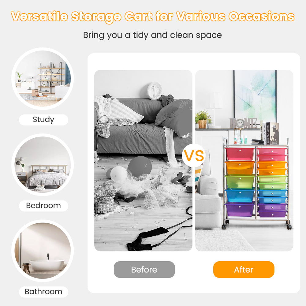 15-drawer rolling storage cart organizer with metal frame, colorful plastic drawers, ideal for home and office use.