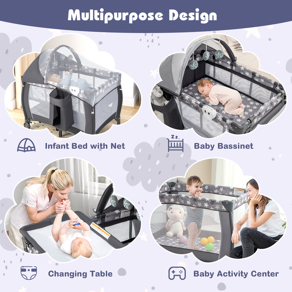 Portable Baby Nursery Center in gray, featuring a multifunctional design as a crib, bassinet, changing table, and.