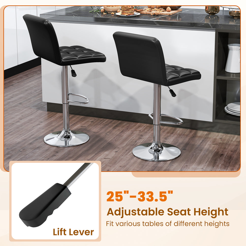 Black PU leather bar stools set of 2 with adjustable height, 360° swivel, and supportive backrest for comfort.
