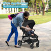 Lightweight black infant stroller with adjustable backrest, 5-point harness, and detachable foot cover for infants.