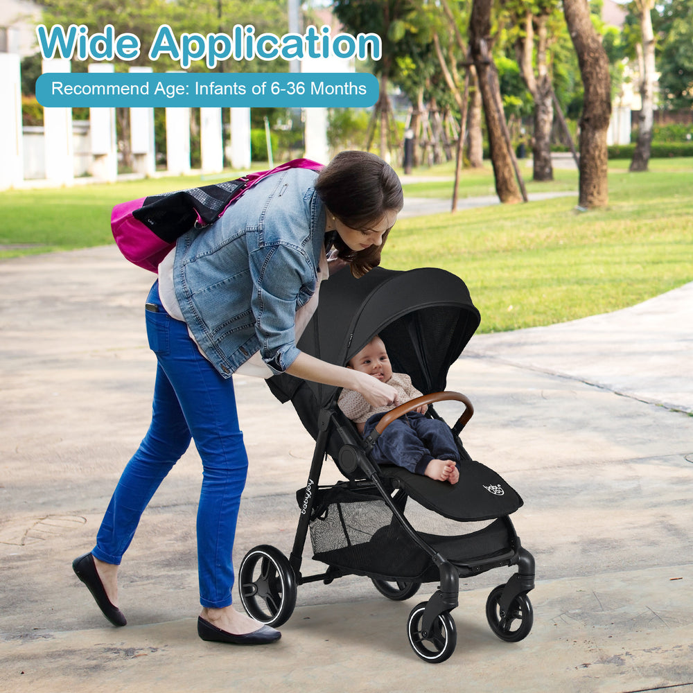 Lightweight black infant stroller with adjustable backrest, 5-point harness, and detachable foot cover for infants.