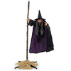 6.6FT Halloween animated flying witch on broom includes a classic pointed hat and realistic faux straw broom for eerie displays.