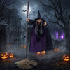 Animated 6.6FT Halloween flying witch on broom features red eyes, chilling sounds, and a spooky design for outdoor displays.