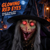 Animated flying witch with glowing red eyes, chilling sounds, and lifelike details for spooky Halloween displays.