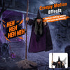 Creepy 6.6FT Halloween animated flying witch on broom features chilling sounds, red eyes, and lifelike details for spooky displays.
