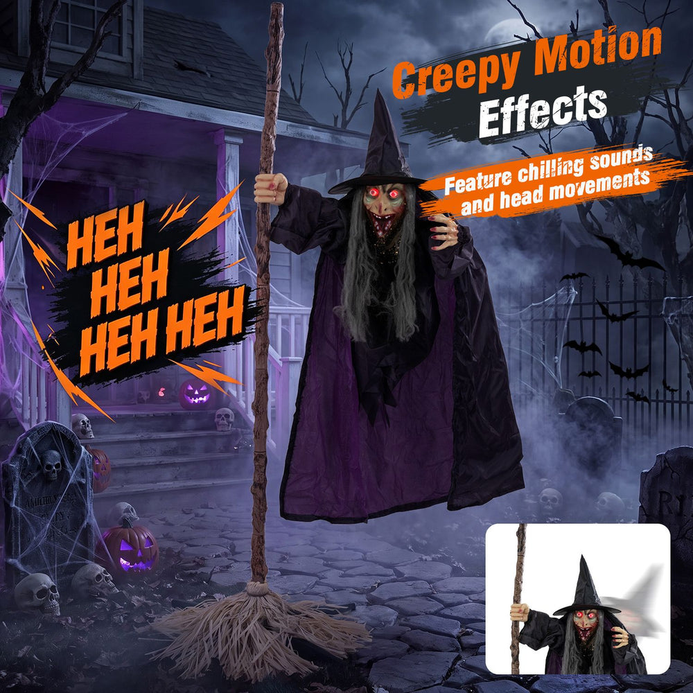 Creepy 6.6FT Halloween animated flying witch on broom features chilling sounds, red eyes, and lifelike details for spooky displays.