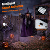 Animated 6.6FT Halloween witch on broom features sound activation, red eyes, and chilling effects for spooky displays.