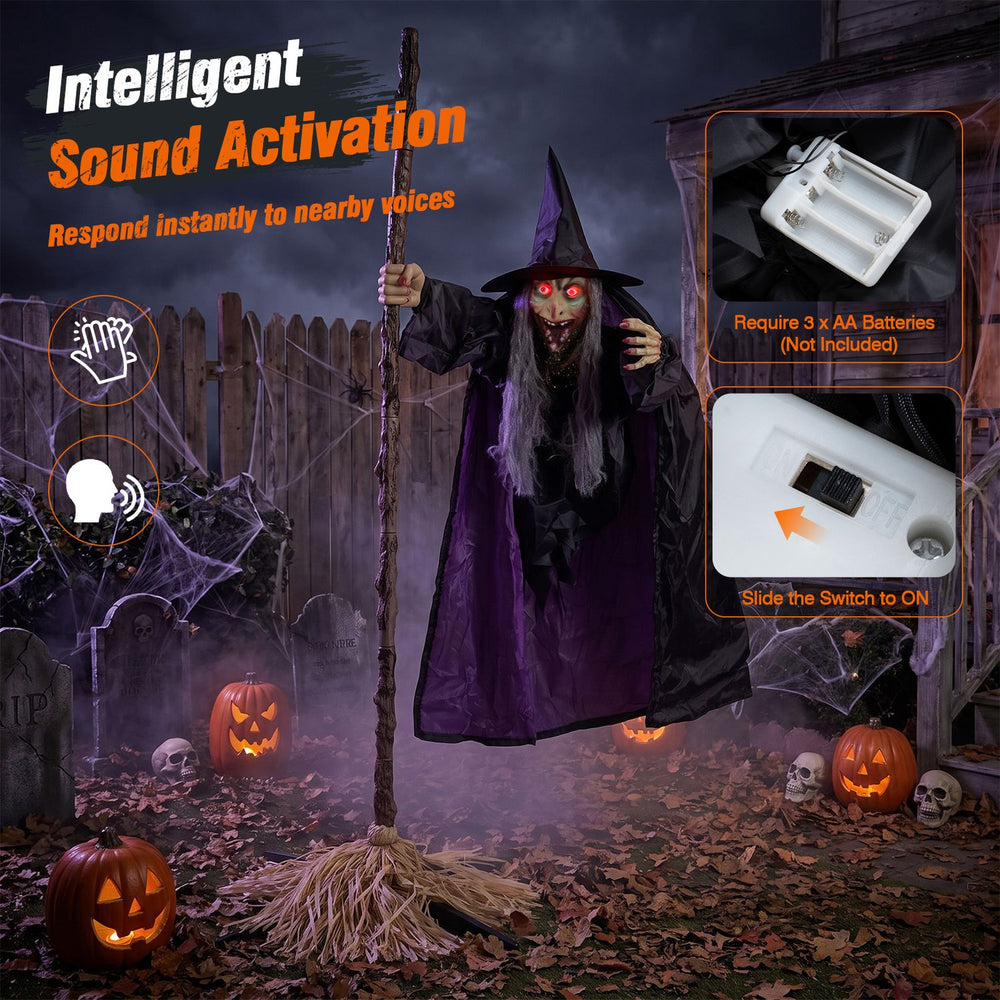 Animated 6.6FT Halloween witch on broom features sound activation, red eyes, and chilling effects for spooky displays.