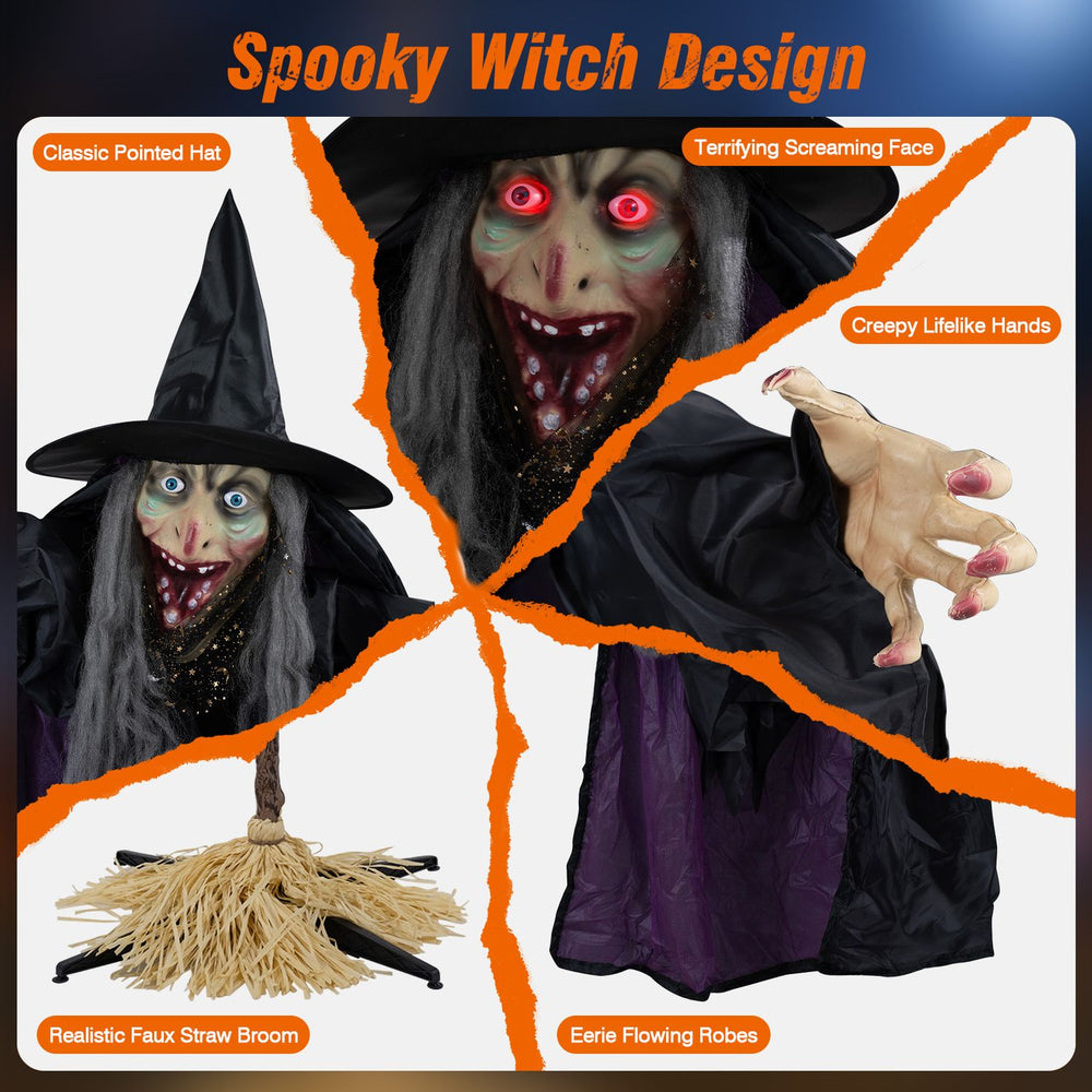 6.6FT Halloween animated flying witch on broom features a terrifying face, lifelike hands, and eerie flowing robes for spooky displays.