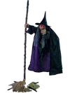 Animated 6.6FT Halloween flying witch with red eyes, creepy sounds, and flowing robes for spooky outdoor displays.