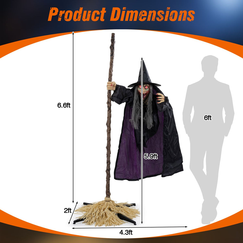 Animated 6.6FT Halloween flying witch on broom features eerie robes, red eyes, and chilling sounds for spooky displays.