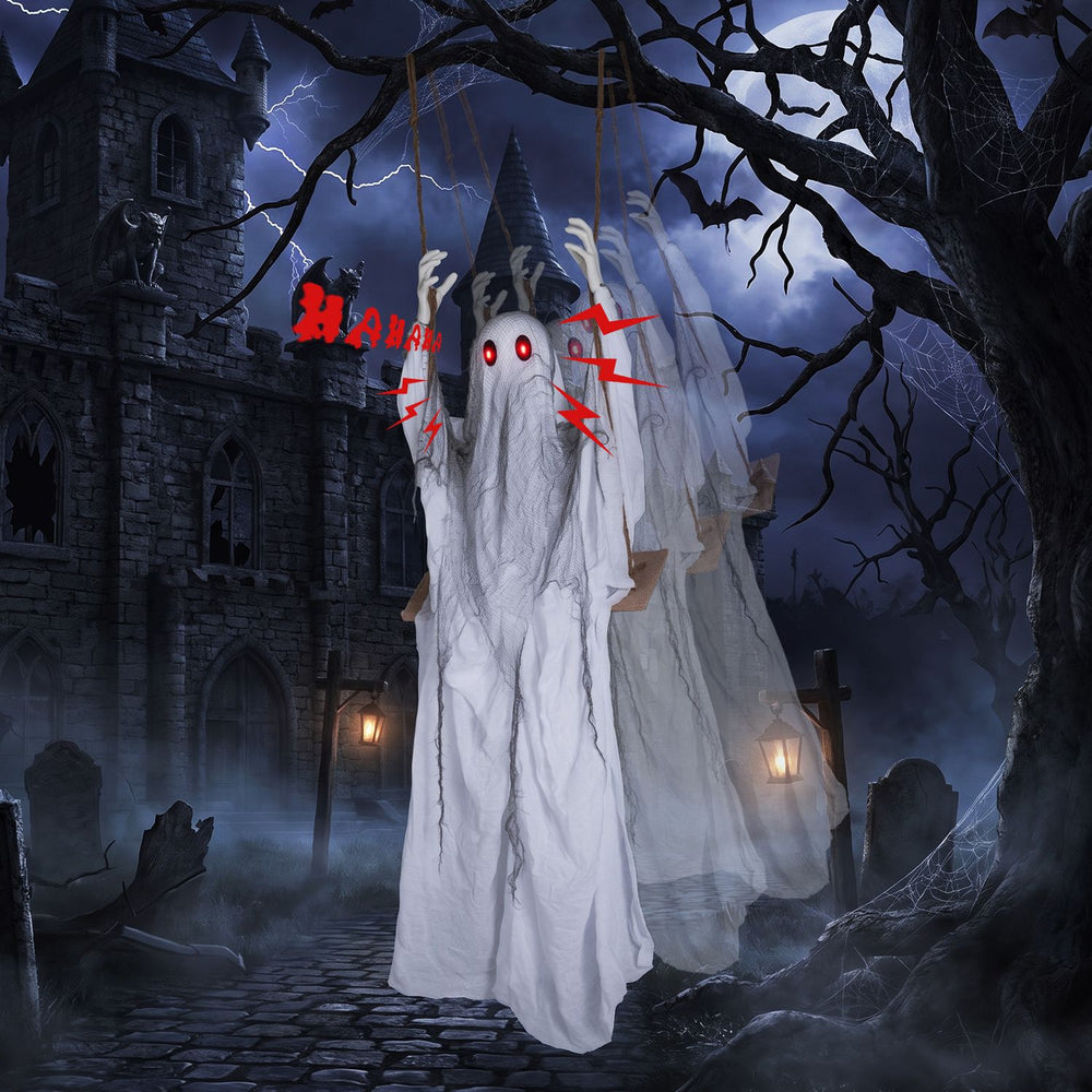 Animated 6.6 ft Halloween swing ghost with light-up red eyes, perfect for spooky indoor or outdoor Halloween decor.