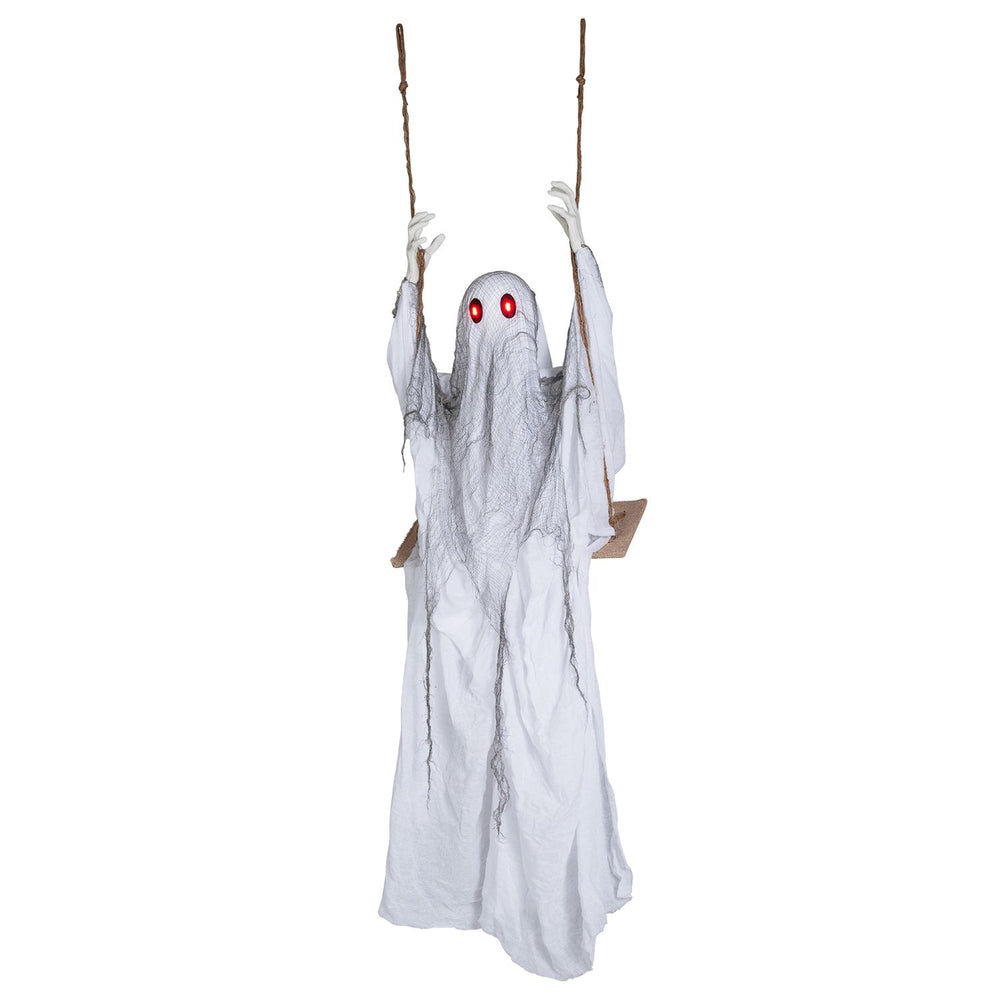 Animated 6.6 ft Halloween swing ghost with light-up red eyes, perfect for creating a spooky atmosphere indoors or outdoors.