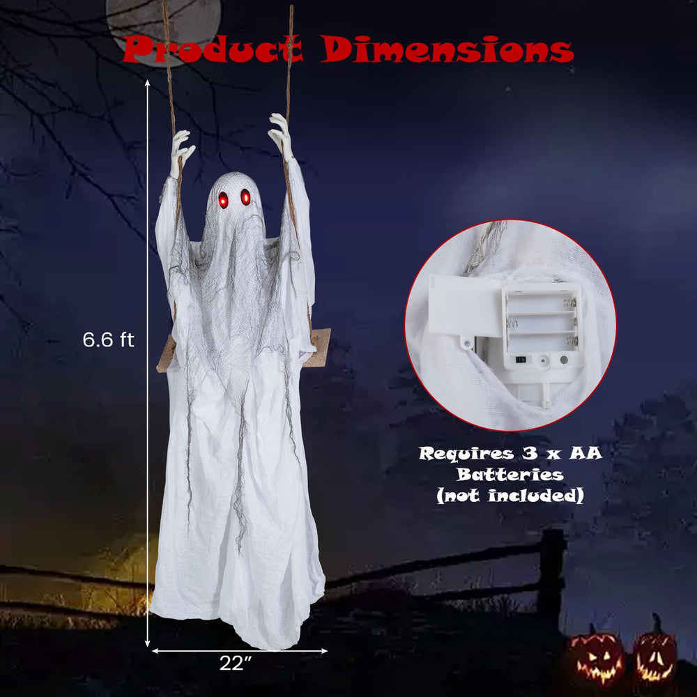 6.6 ft Halloween animated swing ghost with light-up eyes, perfect for spooky indoor or outdoor Halloween decorations.