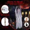 Animated 6.6 ft Halloween ghost with light-up eyes swings while trembling and making scary sounds for a spooky atmosphere.