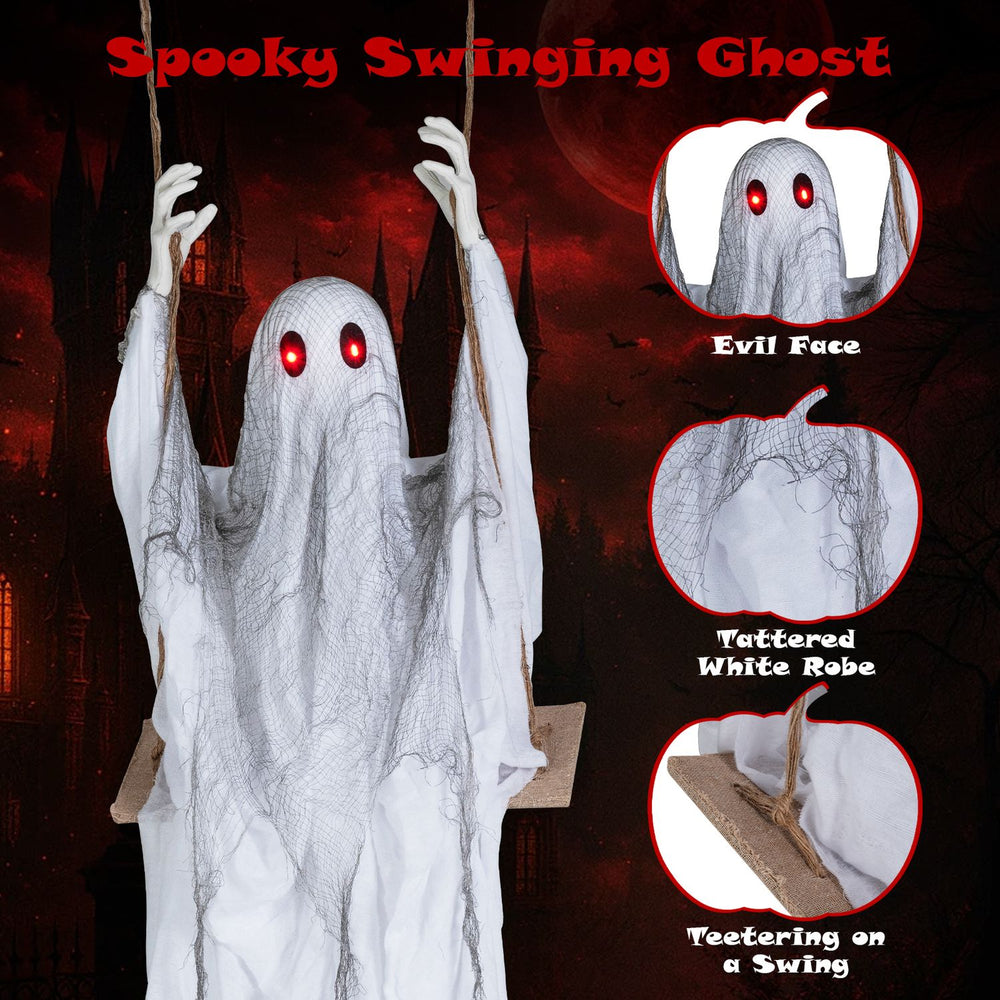 Animated 6.6 ft Halloween ghost with light-up red eyes, tattered robe, teetering on a swing for spooky decor.
